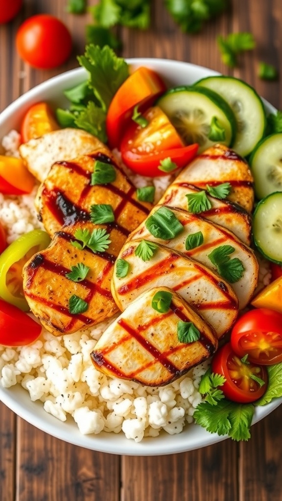 A colorful chicken bowl with grilled chicken, rice, and fresh vegetables.